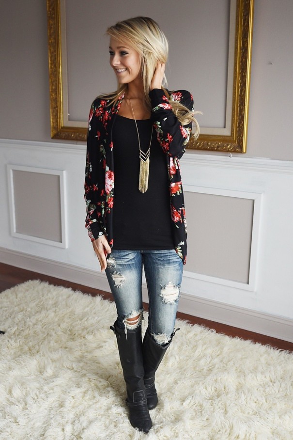 Damenjacke mit Blumenmuster J1826 schwarz M