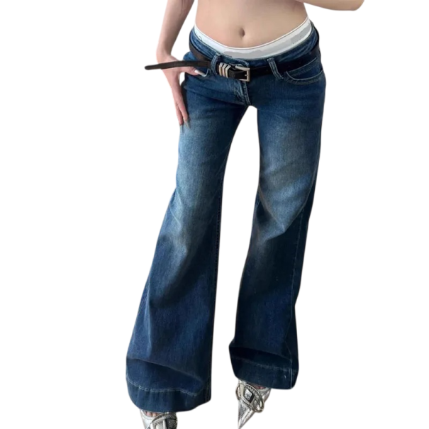 Damenjeans blaue Farbe Niedriger Bund Ausgestellte Hosen Taschen Polyester Moderne Schlaghosen Trendy Y2K Stil XS