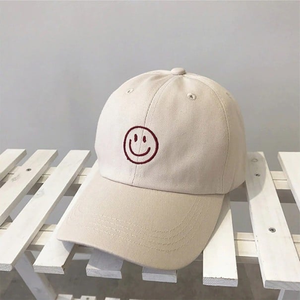Damenkappe mit gesticktem Smiley Baseballmütze aus Baumwolle und Polyester mit gebogenem Schirm und Riemen hinten Universelle Größe creme