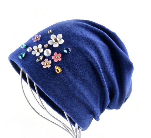 Damenmütze mit Strasssteinen und Blumen J3089 blau