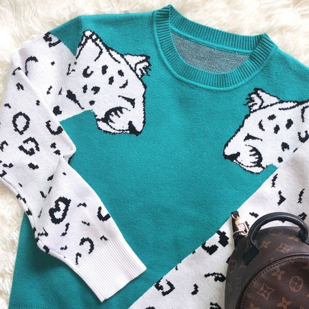 Damenpullover mit Leopardenmuster türkis XS