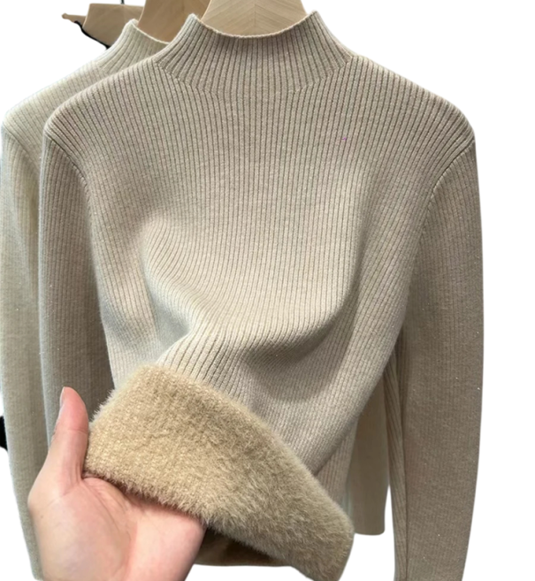 Damenpullover mit Rollkragen und Plüschinnenfutter Einfarbiger, wärmender Pullover aus Baumwolle und Acryl mit langen Ärmeln Universelle Größe Wintermode creme