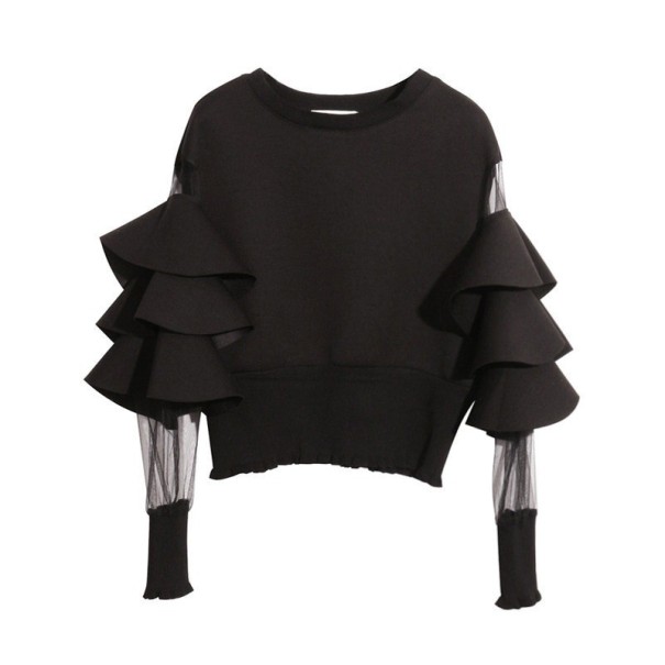 Damenpullover mit Rüschen schwarz XS