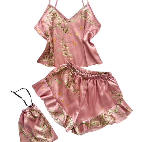 Damenpyjama mit Blumenmuster Top mit V-Ausschnitt und Shorts aus leichtem Polyester Elegantes, bequemes Sommer-Set in verschiedenen Farben rosa XL