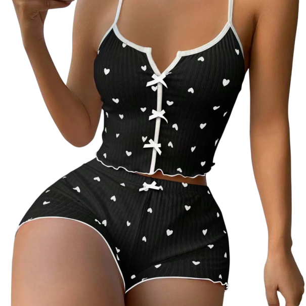Damenpyjama mit Herzchenmuster Einfarbige Kombination mit Schleifen Top mit V-Ausschnitt und Shorts Bequeme Set aus Polyester und Spandex schwarz XS