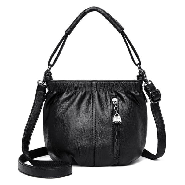 Damenrunde Handtasche für die Hand und über die Schulter Kurzer Griff Verstellbarer Trageriemen Geraffter oberer Rand Vordertasche schwarz