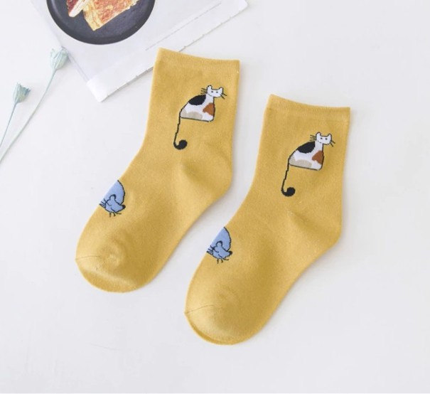 Damensocken mit Katzen gelb