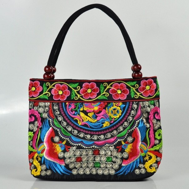 Damentasche 31 x 23 x 10,5 cm Mit bunter Blumenstickerei Silberne dekorative Applikationen Holzperlen an den Griffen Handtasche 1