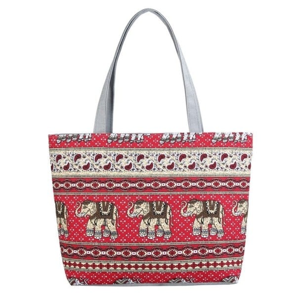 Damentasche aus Baumwolle mit ornamentalen Elefantenmuster Tasche aus Baumwolle und Polyester mit grauen Griffen im Ethno-Stil Maße 42 x 30 x 10 rot