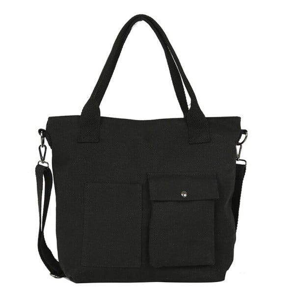 Damentasche aus Canvas und Polyester 29 x 33 x 11 cm Tasche mit zwei Henkeln und Schultergurt Zwei Vordertaschen, davon eine mit Klappe schwarz