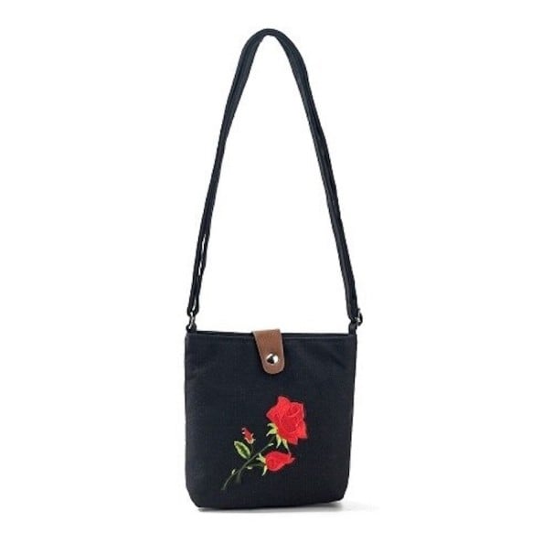 Damentasche aus Stoff Crossbody Motiv rote Rose Verschluss mit Schlaufe und Metallknopf Langer Riemen Baumwolle und Polyester 16 x 18 x 5 schwarz
