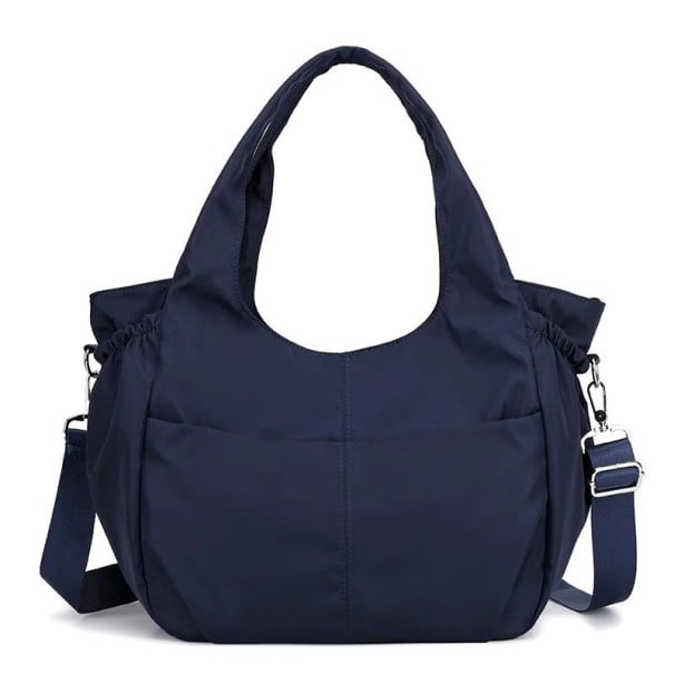 Damentasche für die Hand und über die Schulter Nylon Tasche mit verstellbarem abnehmbarem Riemen Geraffte Seiten Vordertaschen 32 x 29 x 14 dunkelblau