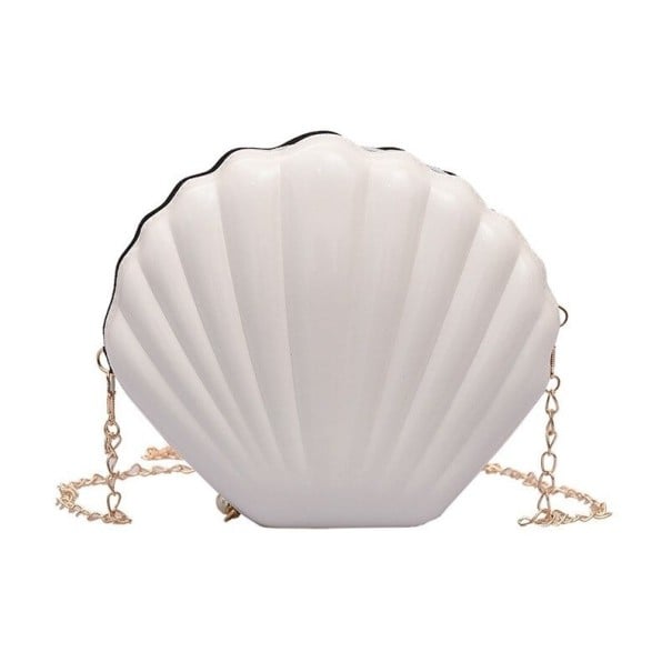 Damentasche in Muschelform 19 x 7 x 18 cm Glänzende plastische Oberfläche Langer Kettenriemen über der Schulter Dekorative Perle weiß
