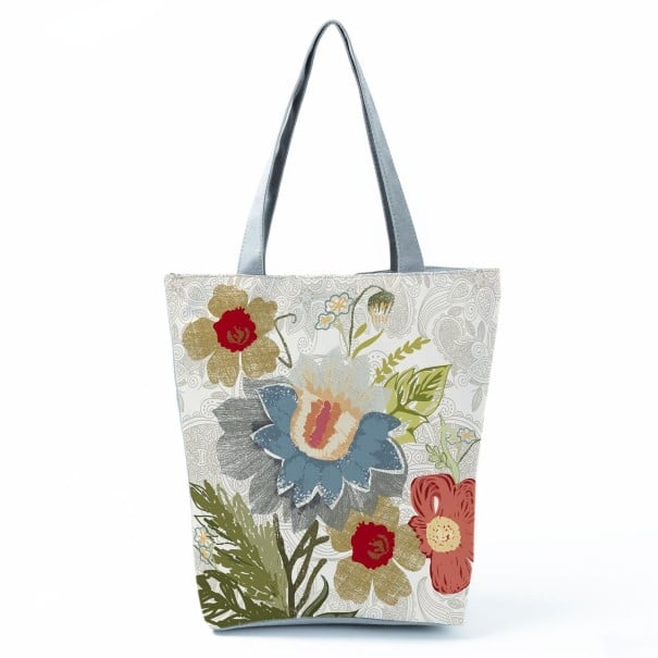 Damentasche mit Blumenmuster Höhere Form mit erweitertem Boden 27 x 37 x 8 cm Lange graue Tragegriffe Polyester Motive von Rosen und Mohnblumen 20