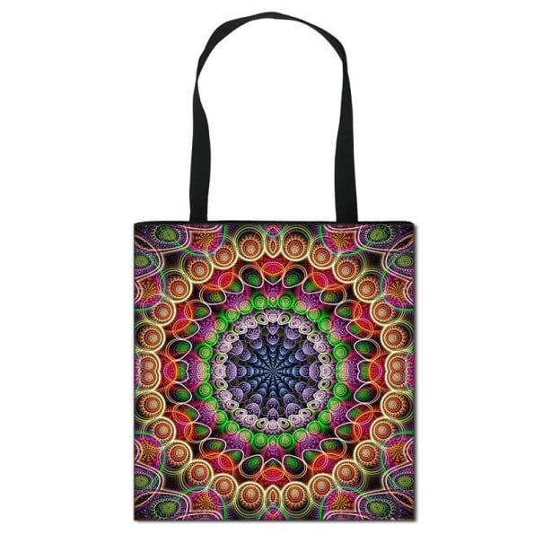 Damentasche mit buntem Mandala- und Ornamentdruck Polyester-Tasche mit zwei schwarzen Griffen Größe 34,5 x 33,5 cm 1