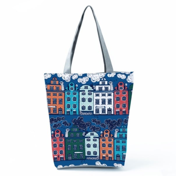 Damentasche mit Druck berühmter Sehenswürdigkeiten und historischer Städte Polyester-Tasche 27 x 37 x 8 cm mit grauen Griffen Geräumige rechteckige 1
