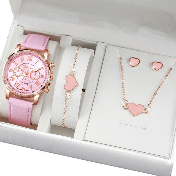 Damenuhr und Schmuckset Elegante Halskette Armband Ohrringe mit Herz Luxusgeschenk für Frauen Geschenkbox rosa