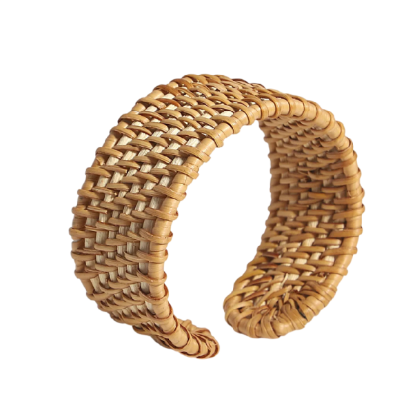 Dameproutetarmbånd bredt 3,4 cm diameter 7 cm bambus rattan lys brun naturlig åben vævet tilbehør til hånden 1