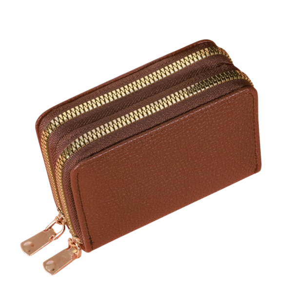 Damepung i læder med dobbelt lynlås 11x8x4 cm mere end 18 rum 2 møntlommer premium kunstlæder elegant og kompakt design brun