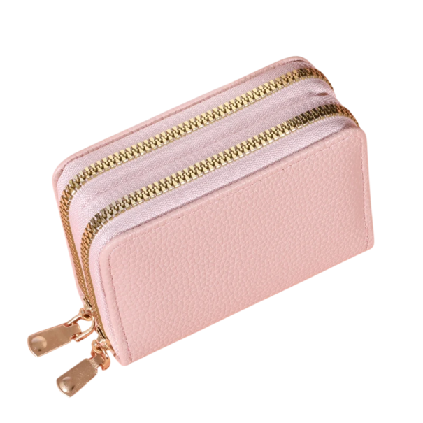 Damepung i læder med dobbelt lynlås 11x8x4 cm mere end 18 rum 2 møntlommer premium kunstlæder elegant og kompakt design rosa