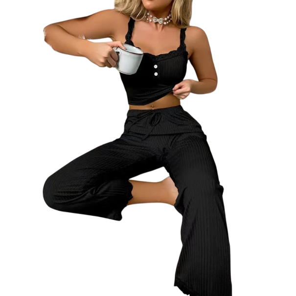 Damepyjamas med top og bukser Enkeltfarvet elegant sæt lavet af let polyester og strækbart spandex tilgængeligt i forskellige farver sort XS