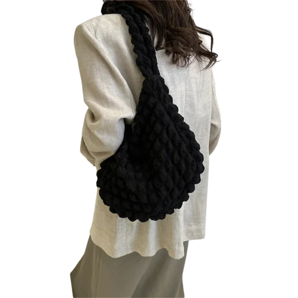 Damernas broderade rutiga axelväska 32 x 11,5 x 60 cm Lätt tygväska i nylon och akryl svart