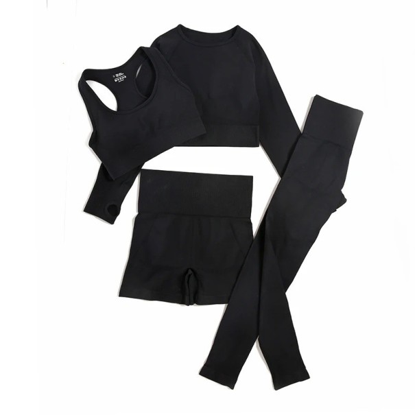 Damernas sportiga set Leggings shorts sport-bh och långärmad tröja Enfärgad fitness set i nylon svart S