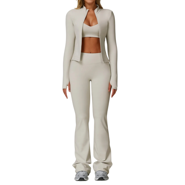 Damernas sportset med byxor, zip-tröja och sport-bh, enfärgad, nylon, spandex, bekväm och stilfull för träning och fritid grå L
