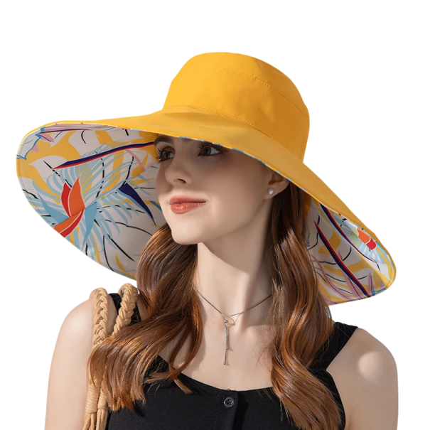 Damernas vändbara solhatt 55–60 cm Brätte 18 cm Bomull sommarsolhatt bred brätte strandhatt solskydd gul