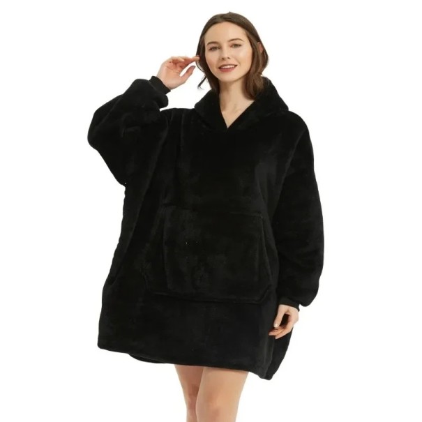 Damernas vinterhoodie Överdimensionerad värmande flanellfilt med långa ärmar och fickor Bekväm mjuk överdel i varmt polyester svart