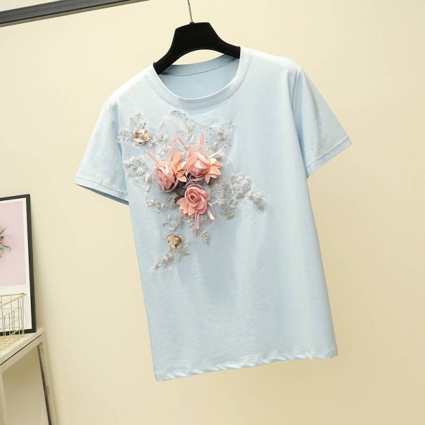 Dames 3D bloemen T-shirt lichtblauw XL