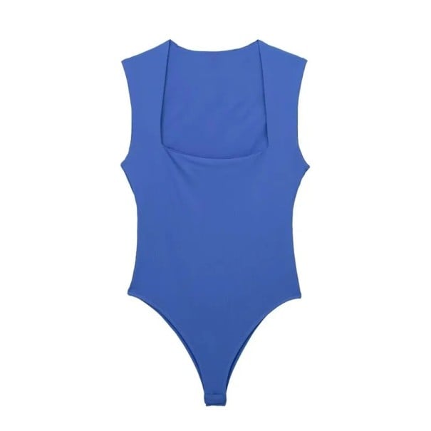 Dames aansluitend body zonder mouwen met vierkante halslijn en bredere schouderbanden, gladde oppervlakte en drukknoopsluiting in het kruis blauw M