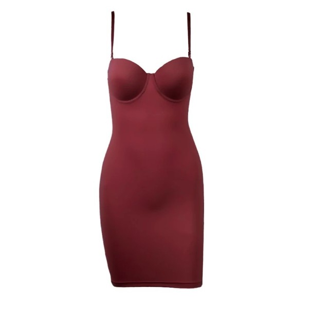 Dames afslankjurk met push-up cups, naadloze elastische corrigerende jurk boven de knie, modellerende jurk voor een slank silhouet, bodyconjurk voor vrouwen wijnrood M