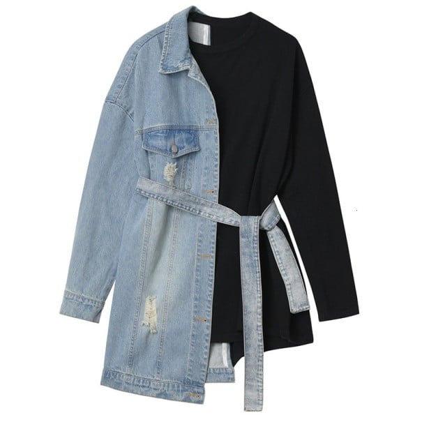 Dames asymmetrische hoodie half van denim met riem Zwart en lichtblauw Denim kraag en borstzak Versleten details Katoen en polyester 1
