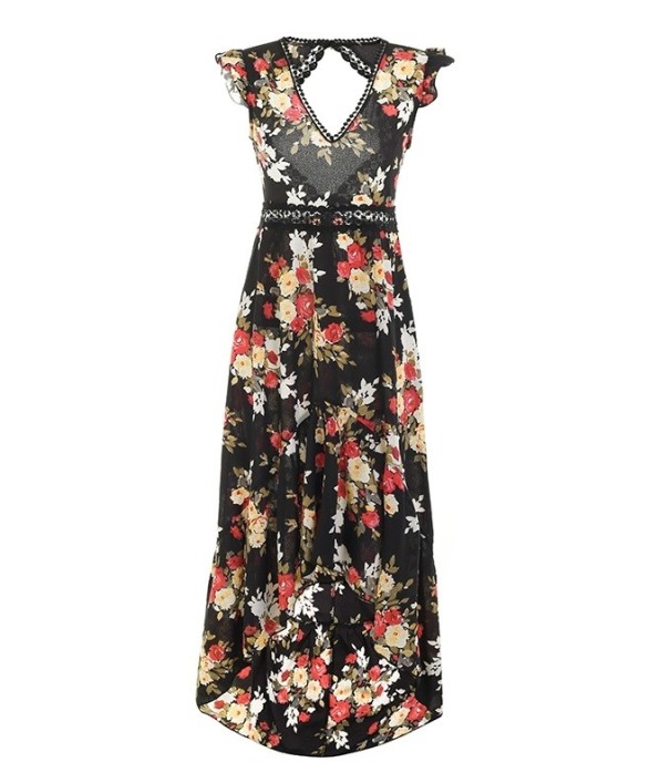 Dames asymmetrische jurk met bloemen J1075 zwart L
