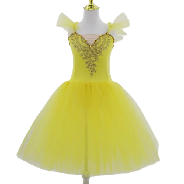 Dames balletjurk met romantische tule rok, gouden decoratieve applicatie en vleugelachtige mouwen, nylon elastische jurk voor dans geel M