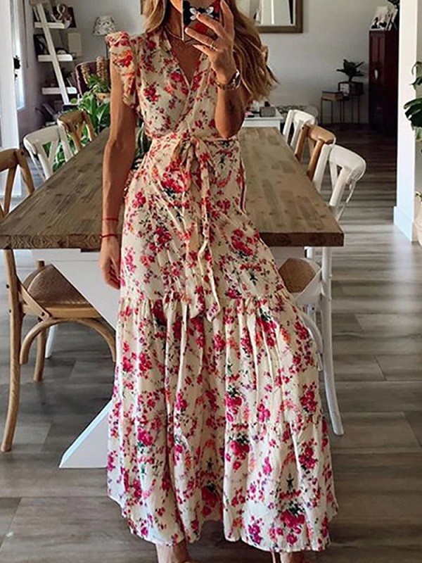 Dames bloemenjurk P847 donkerroze XL