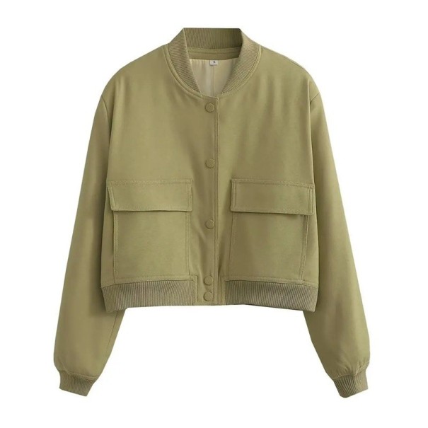Dames bomberjack met zakken Elegante korte jas met V-hals Knopen sluiting Stijlvolle lentejas met lange mouwen legergroen L