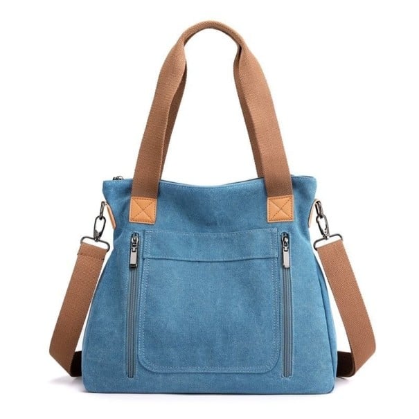 Dames canvas handtas en schoudertas met twee handvatten en een brede afneembare schouderband Voorkant met ritszakken 35 x 32 x 12 cm blauw