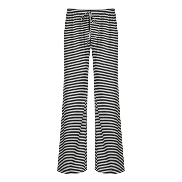 Dames casual gestreepte losse broek met vetersluiting Comfortabele linnen broek met elastische taille Ademende broek voor lente en zomer zwart M