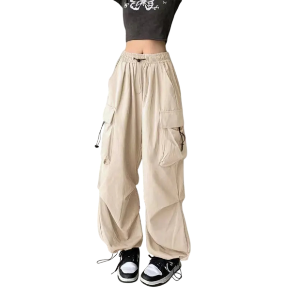 Dames casual losse broek met lage taille, trekkoord, wijde baggy pijpen en zakken. Comfortabele casual broek voor elke dag. beige M