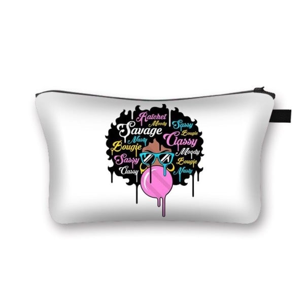 Dames cosmetica tas met print van vrouwelijke silhouet met afro kapsel Plat tasje met rits voor make-up en kleine spulletjes van polyester 21,5 x 16