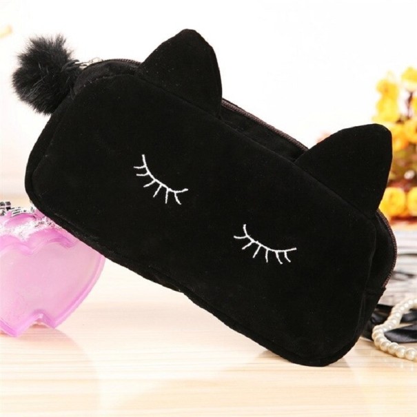 Dames cosmetische tas in de vorm van een kat met oren Geborduurde gesloten ogen Pompon aan de rits Stof met een fluwelen uitstraling 19 x zwart