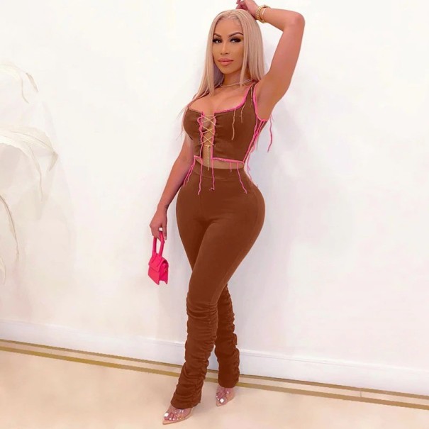 Dames crop top en broek B984 bruin M
