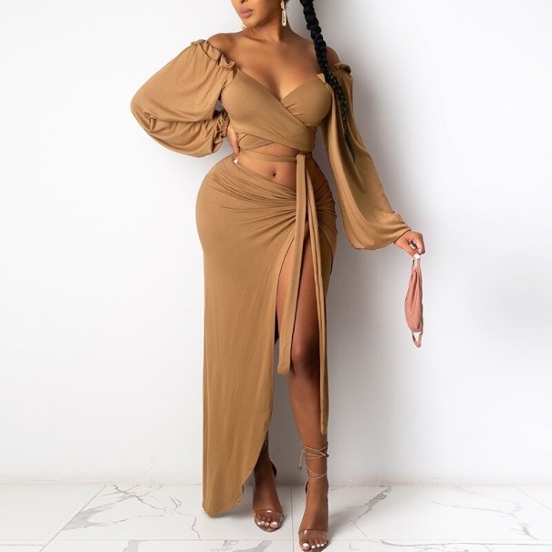 Dames crop top en rok B1044 lichtbruin S