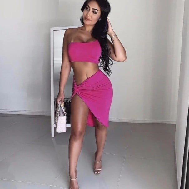 Dames crop top en rok B1146 donkerroze M