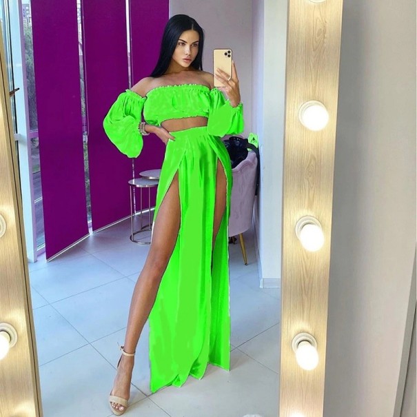 Dames crop top en rok P3291 neon groen