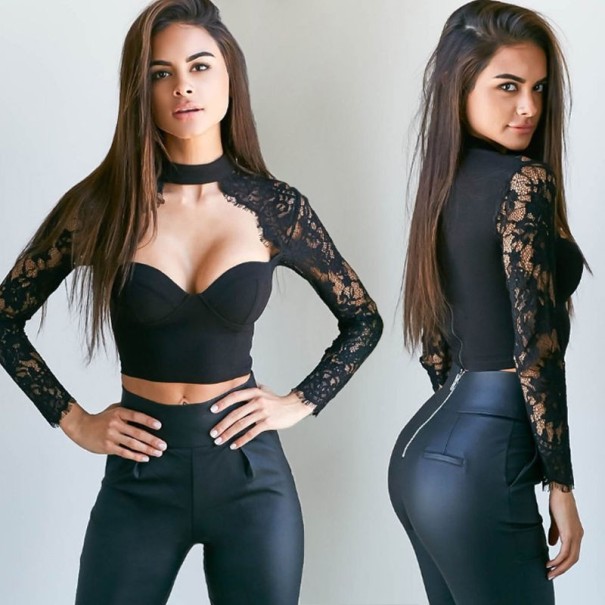 Dames crop top met kanten mouwen