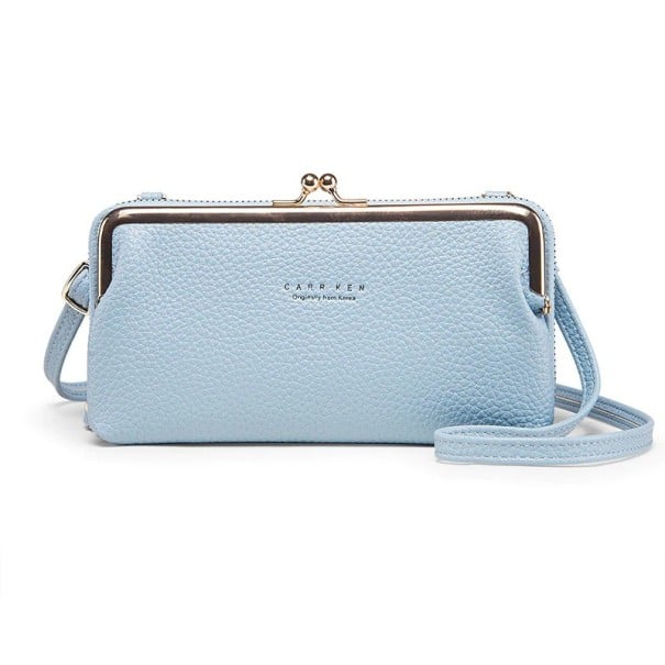 Dames crossbody tas in de vorm van een portemonnee Sluiting met balletjes met gouden frame Dunne schouderband Geribbeld PU leer 20 x 10 x 6 lichtblauw