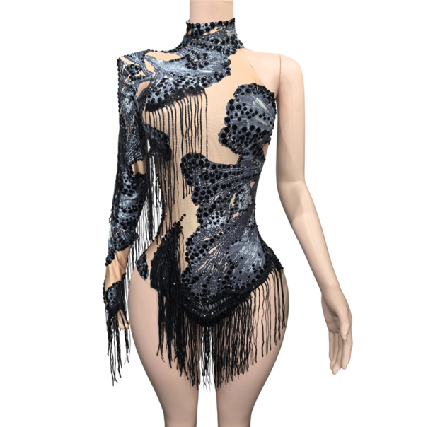 Dames dansbody met pailletten en franjes, één lange mouw, hoge hals en netstof, materiaal rayon, voor Latin en optredens zwart L/XL